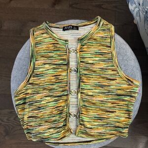 JULIA Sleeveless Button-Front Knit Crop Top — Yellow Green Black Stripe